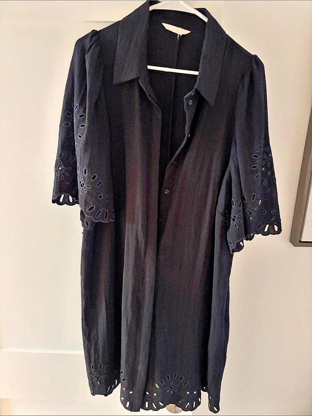 H&M Eyelet Embroidered Shirt Dress Black Eyelet Short Sleeve Button Down Like